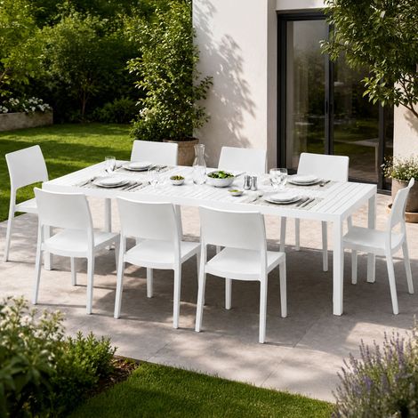 Garten-Lounge-Set Masibanno, Outdoor-Sitzgruppe für 8, Ausziehbarer Tisch, Made in Italy, Lattenoptik, Weiß (1/4)