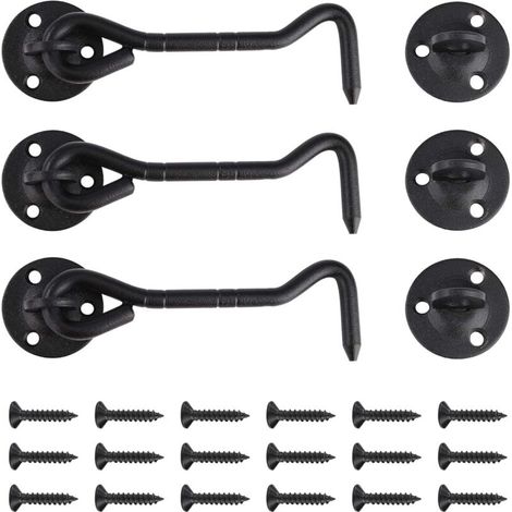 3pcs 100mm Black Stainless Steel Hook Door Latch with Screws for Warehouse Doors Windows Pet Doors (1/4)