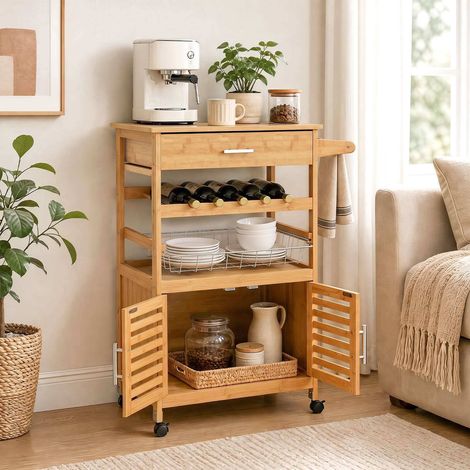 Bamboo Kitchen Island Trolley with Storage Cabinet & Wine Rack (1/5)