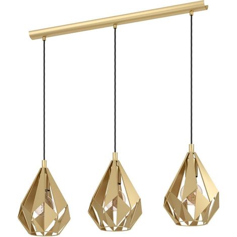 Eglo Carlton - Lampada a sospensione in legno a 3 luci, da appendere sopra il tavolo da pranzo, in metallo dorato dal design retrò, lampada a sospensione con attacco E27, L 80, 5 cm (1/5)