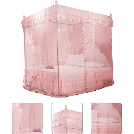 Voile de lit princesse luxe à 3 ouvertures avec moustiquaire et baldaquin (Rose S) (1/5)