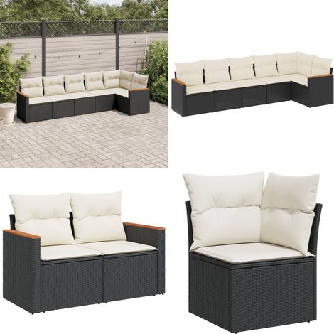 6-tlg. Garten-Sofagarnitur mit Kissen Schwarz Poly Rattan - Gartenmöbel - Outdoor-Möbel - Rattanmöbel - Lounge Set - Gartengestell - Home & Living (1/5)