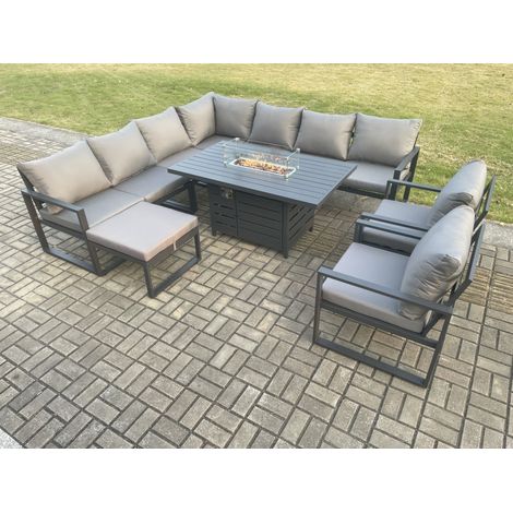 Fimous Aluminium 10 Seater Garden Furniture Outdoor Set Patio Lounge Sofa Gas Fire Pit Dining Table Set with 2 Chairs Big Footstool Dark Grey (1/5)