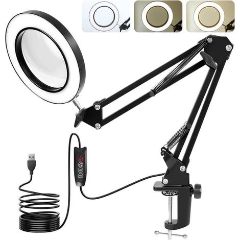 Lampe de table loupe avec éclairage LED intégré, grossissement x10, 3 modes de couleur, 10 niveaux de luminosité, noire (1/5)