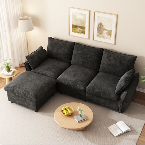 Canapé d'angle 3 places avec pouf en chenille, gris foncé, 222,5 x 154,5 x 76,5 cm DESVIAE (1/5)