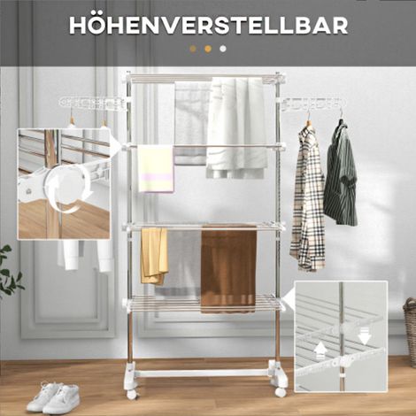 Étendoir à linge mobile – Dimensions 142 x 55 x 172 cm, pliable 4 niveaux, roulettes, système de verrouillage, rallonges latérales, ABS blanc – Séchage modulable et compact (1/5)