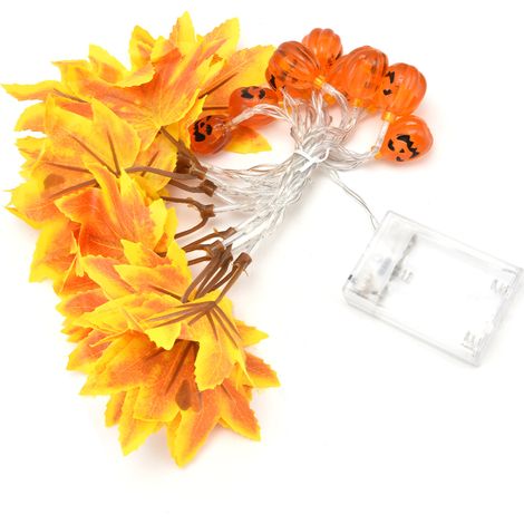 Guirlande lumineuse LED jaune à feuilles d'érable, motif citrouille grimaçante, 20 LED, pour Halloween (1/5)