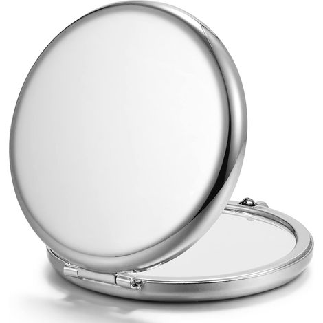 Miroir portefeuille compact, miroir de poche double face en métal grossissant 1x/2x pour le maquillage (rond, argenté) (1/4)