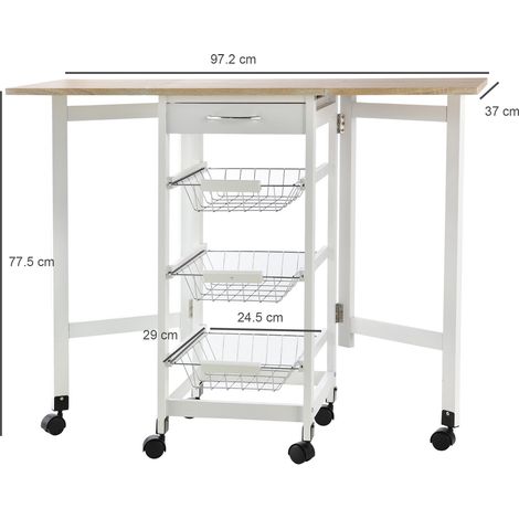 Chariot de cuisine pliable à 6 roues avec 3 paniers, un tiroir et 2 rabats, en MDF et métal, 37 x 37 x 77,5 cm, blanc et bois (1/5)
