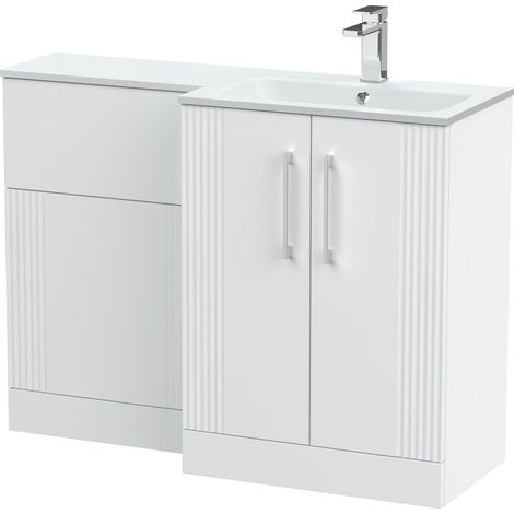 Belvide Retro Partially Fluted Floor Standing 2 Door Vanity WC Combination Unit and Stone Basin, Right Hand, 1100mm, Satin White (1/4)