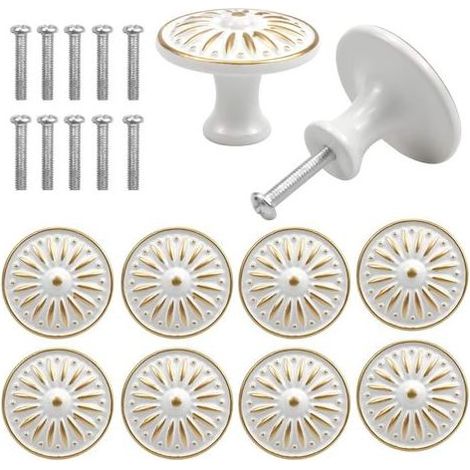 TAISHENGDA-10PCS Vintage Schubladen- und Türgriffe, 35MM Möbelknöpfe, Runde Schubladenknöpfe, Türknöpfe aus Messing, Möbelgriffe für Schrank, Kleiderschrank, Küche, Kinderzimmer (Weiß) (1/5)