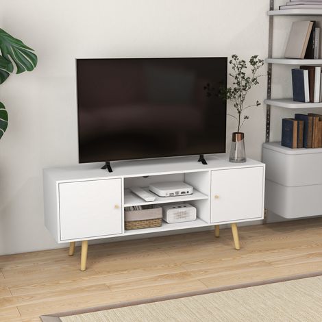TV-Möbel im skandinavischen Stil mit 2 Türen, 2 offenen Regalfächern, Kabelmanagement, Beinen aus Kiefernholz und weißen Fronten – 120 x 34 x 50 cm, weiß