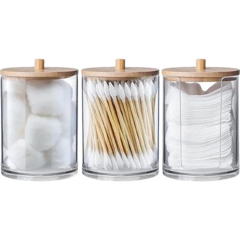 3 - Boite de rangement - Accessoire salle de bain - Acrylique transparent et bambou - Pour coton tiges et disques - Salon cuisine bureau - Transparent - 7x10cm