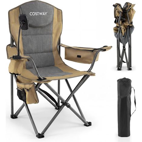 Chaise Pliante Camping, Charge 200 kg, Accoudoirs Réglables (Kaki) Chaise de Pêche Portable, Porte-Gobelet, Sac de Transport, pour Plage Voyage (1/5)