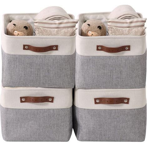 paniers de rangement pliables en tissu cationique robuste et pliable avec poignées pour étagère pour chambre d'enfant ou penderie (Gris et blanc, Large - 4 Pack) (1/2)