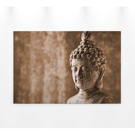Tableau zen avec tête de Bouddha | Tableau déco zen marron & beige | Tableau rectangulaire pour chambre adulte & salle de bain 0,9 x 0,6 m (1/5)