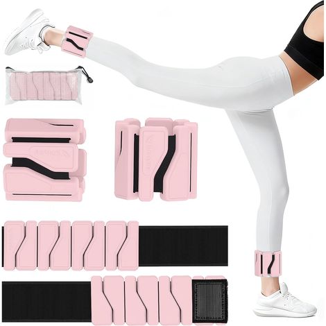 Poids pour Chevilles et Poignets Réglables 0.45kg/0.9kg - Set de 2 avec Surface en Silicone Doux et 6 Poids Amovibles - Pour Femmes et Hommes, Fitness, Yoga, Pilates, Jogging, Natation, Rose (1/5)