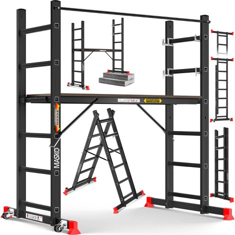 Masko® Baugerüst Alugerüst Gerüst Alu Leiter Arbeitsgerüst Arbeitsbühne bis 150 KG belastbar Anti-Rutsch beschichtet Gerüstleiter Schwarz