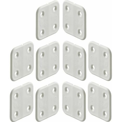 – Charnière pour meuble 10x 40x40mm – Forme de lame arrondie – 4 trous – Plastique blanc – Charge maximale 20kg (1/2)