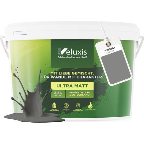 Peinture murale gris anthracite gris clair mate pour intérieur – pouvoir couvrant classe 1, sans COV, sans apprêt, à faible écoulement – salon et chambre – 2,5 L – Veluxis (Chic Chia)