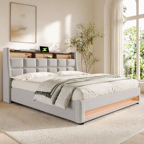 Lit 140x200 avec LED, USB et rangement beige HAVRYA (1/5)