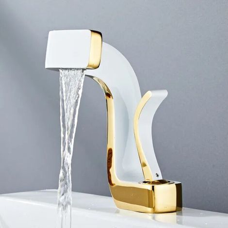 royaluxe -Robinet de salle de bain en laiton or blanc robinet de lavabo mitigeur d'eau froide et chaude robinet d'évier monté sur le pont noir et or robinet blanc et or (1/4)