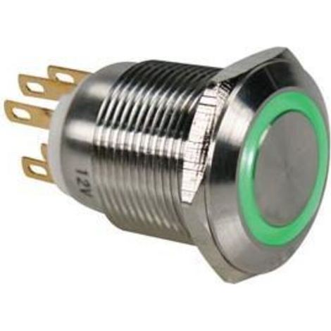 Bouton-Poussoir - Acier Inoxydable - SPDT 1NO 1NC - Anneau Vert LED 12 VDC - IP65 - Trou Montage 19 mm - 1 Pièce (1/2)