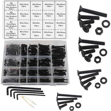 M3 M4 M5 M6 Jeu de Vis Boulons et Écrous, 500Pièces Noir Hex Socket Head Cap Vis Boulons à Tête Plate,Filetage Machine Boulon et Écrous Ensemble Outils Assortiment Kit (1/5)