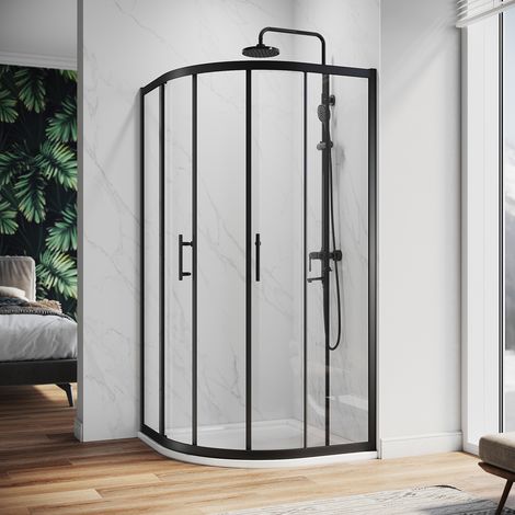 ELEGANT Quadrant Shower Enclosure Black Frame Sliding Cubicle Door 6mm Tempered Glass 900 x 900 mm with White Tray + Waste Tray (Black) (1/5)