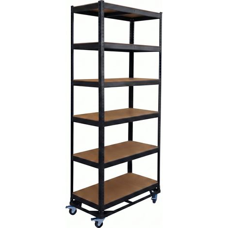 Relaxdays scaffale portacarichi su rotelle, HxLxP 209 x 90 x 40 cm, 900 kg, 6 ripiani, acciaio, sistema a incastro, nero