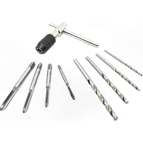 Verstellbarer T-Griff-Gewindebohrerschlüssel mit Satz von 4 metrischen Gewindebohrern M3-M6 und 4 Bohrern für Maschinenschrauben und präzises Gewindeschneiden. (1/5)