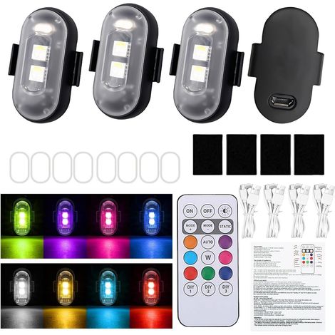 4 Pièces Sans Fil Lumière D'Anti-Collision avec Télécommande, 8 Couleurs Lumières Stroboscopiques pour Drone Vol de Nuit, Lumières Stroboscopiques LED Moto pour Camion Avion Vélo (velcro) (1/5)