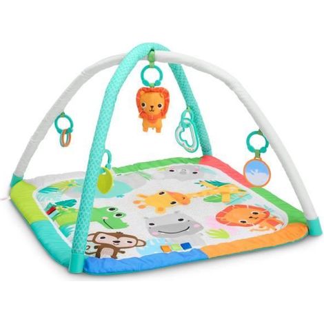 BRIGHT STARTS Spielmatte für Babys, faltbar und entwicklungsfördernd - Dschungel Blau - Bogen mit sensorischen und musikalischen Spielzeugen, Spiegel (1/5)