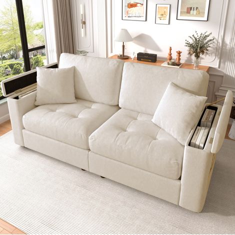 Canapé 2 places 180x83x88 cm beige en chenille avec rangement et 2 coussins (1/5)