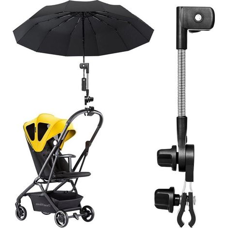 Soporte universal para sombrilla, Soporte para sombrilla para andador y cochecito, Protección solar, Ajustable, Agarre máximo de 3,8 cm, Negro (1/5)