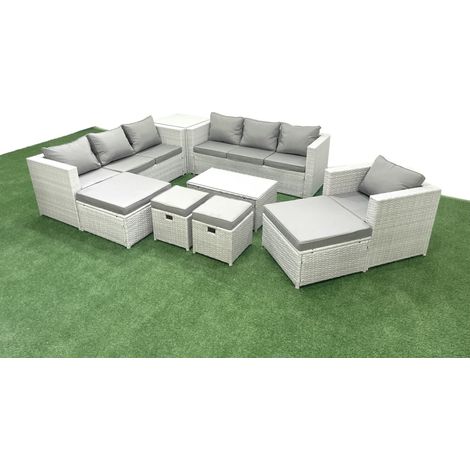 Fimous Rattan Garden Furniture Set 9 Pieces Outdoor Garden Sofa Chair Coffee Table Set with Side Table 4 Footstools Light Grey Mixed