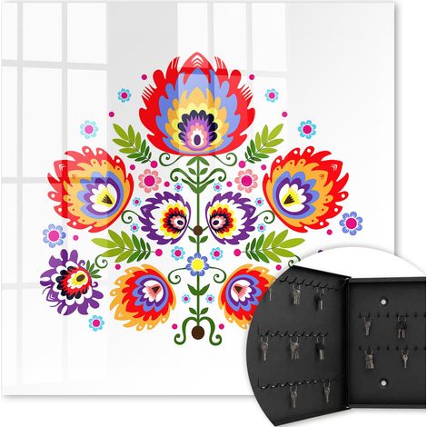 Armoire à clés - (30 cm x 30 cm) - Boîte à clés murale - Coffret de rangement pour clés - Couleur noire - Ouverture vers la gauche - Pour maison et bureau - fleurs folkloriques