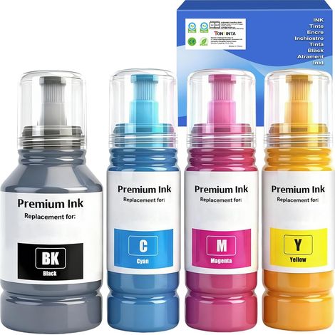 Encre EPT102 Bouteilles d'Encre Compatibles pour Imprimantes ET-2700 ET-2750 ET-2751 ET-2850 ET-2851 ET-2856 ET-2951 ET-2950 2955 2956 2959 ET-3700 3750 ET-3850 ET-4750 ET-4850 ET-15000 (4 Pack) (1/5)