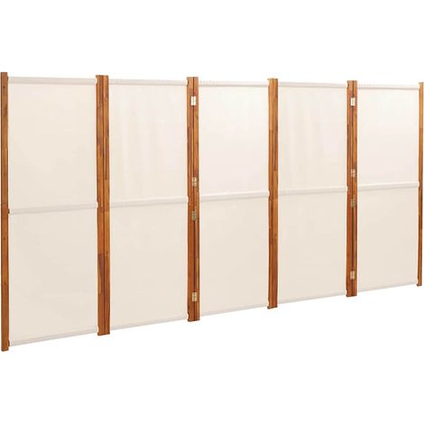 Paravent Cloison de Séparation 5 Panneaux Bois Acacia et Textilène Pliable Blanc Crème 350x180 cm (1/5)