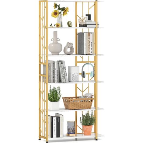 Bibliothèque à 6 Étagères,Géométrique avec Cadre Métallique, Étagère de Rangement Autonome avec 2 Kits Anti-basculement(Marron Rustique+Noir) (1/5)