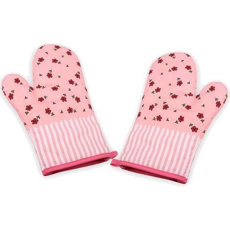 Gant Barbecue, Résistant à Chaleur, Coton Doublure, pour Barbecue Boulangerie Micro, Barbecue, Cuisine, grillade, 1 Paire (Fleur Rose) (1/2)