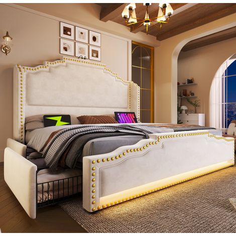 Letto matrimoniale vintage 180x200 cm in velluto beige con testiera, 4 cassetti, LED, USB-C e rete a doghe