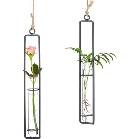 2 pièce Vase en Verre Créatif en Fer Forgé, Récipient Hydroponique, Tube en Verre, Arrangement Floral, Panier Suspendu, Décoration De Plantes De Salon Jardin, Noir (1/5)