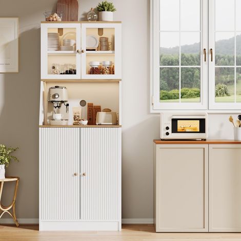 Credenza da cucina bianco e rovere con illuminazione LED - Vetrina moderna con ante in vetro e gestione dei cavi - 70 x 40 x 180 cm (1/5)