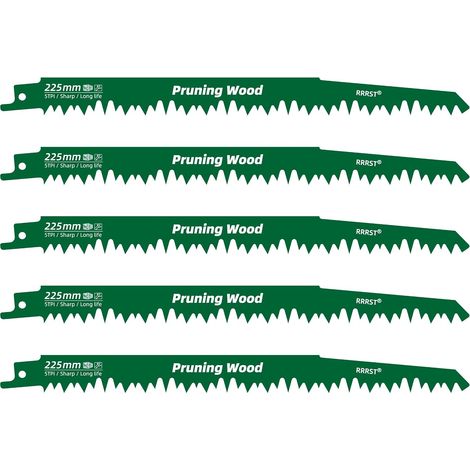 Lot de 5 lames de scie sabre pour bois, 225 mm, 5TPI, pour couper le bois de chauffage, le bois humide, le bois brut, le bois tendre, le bois vert, pour couper les racines, simple et durable. (1/5)