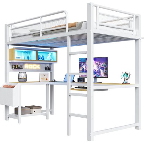 Letto a soppalco 140x200 cm con scala contenitore, scrivania, ripiani, prese EU e LED multicolore, struttura in legno bianco, per camera ragazzi CHICFURN (1/5)