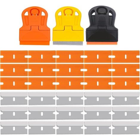 Dreiteiliges Schaberset – enthält 15 Kunststoffklingen und 15 Metallklingen zum Entfernen von Klebstoffen wie Etiketten und Aufklebern von Fenstern und Glas. (1/5)