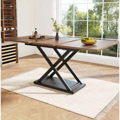 Table à manger extensible 120×80×75cm, pieds en métal noir, table de salon de cuisine, MDF, marron+noir (1/5)