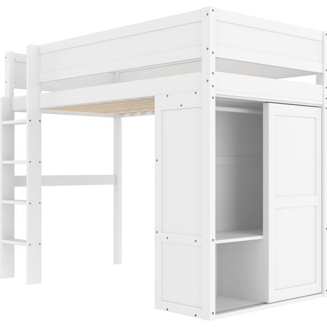 Letto a soppalco per bambini 90 x 200 cm con armadio e contenitore, pino e MDF, bianco (1/5)
