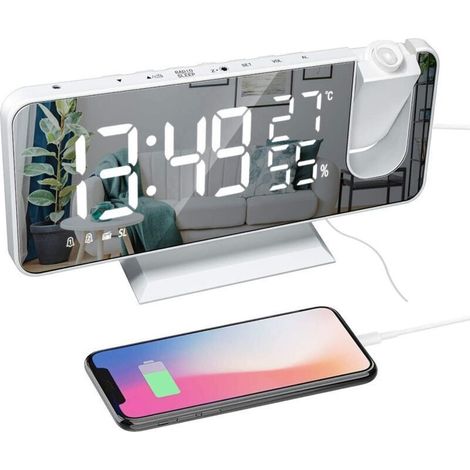 Réveil à Projection pour Chambre à Coucher Grand écran Miroir LED 7,4 ' et Radio-réveil à 4 Gradateurs avec Chargement USB Rotatif à 180 ° 2 Sons